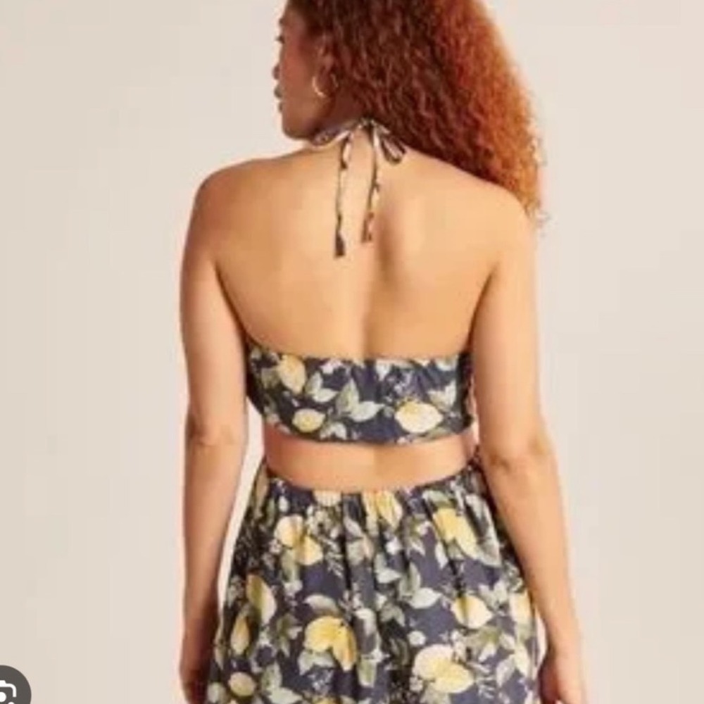 Abercrombie & Fitch Navy Lemon Floral Linen Halter Cut-Out Mini‎ Dress LP Petit - Picture 3 of 7